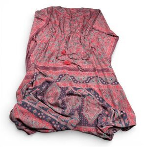 Mamey Maxi Kaftan Kimono Dress Paisley Boho Hippie Loose Fit Fringe Tie SMALL